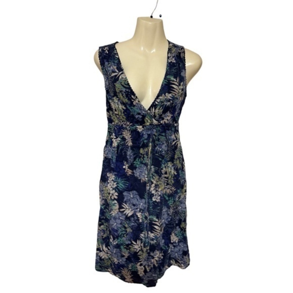 Eddie Bauer Womens Blue Floral Midi Dress 100% Cotton V-Neck Size 2